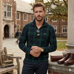 Polo by Ralph Lauren Green & Navy Plaid Quarter Zip Pullover with Gold Pony